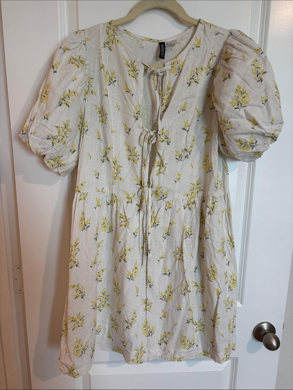 Divided Cream Floral Mini Dress with Yellow Print